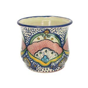 Vintage Mexican Pottery Cachepot Hand Painted Classic Talavera Colors 6 1/4 Dia